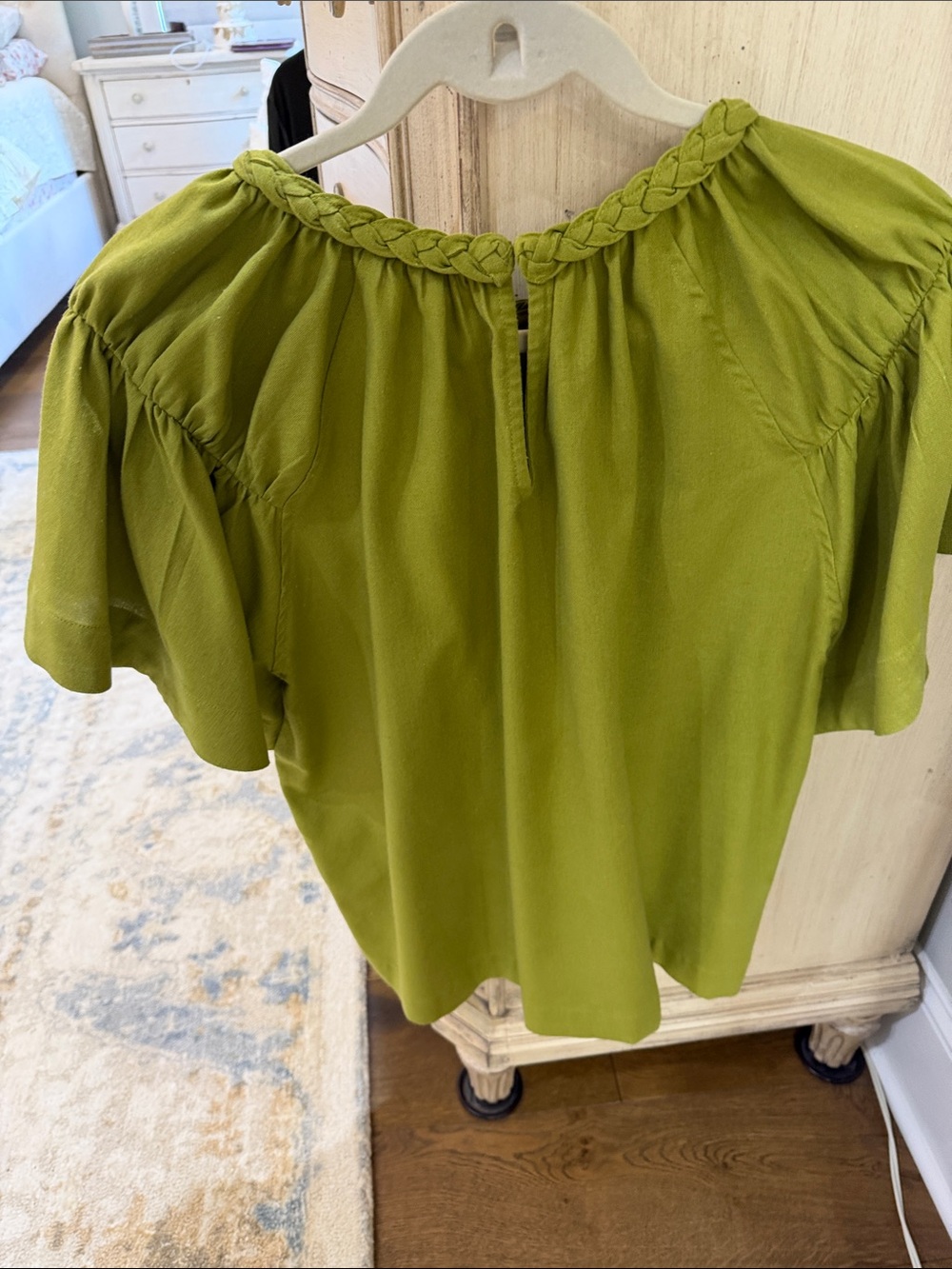 Olive Braided-Neck Flutter Sleeve Blouse - Picture 6 of 16